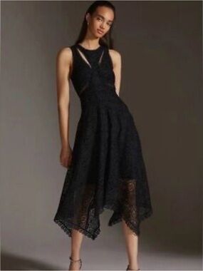 Anthropologie Black Lace Asymmetric Handkerchief Hem Midi Dress